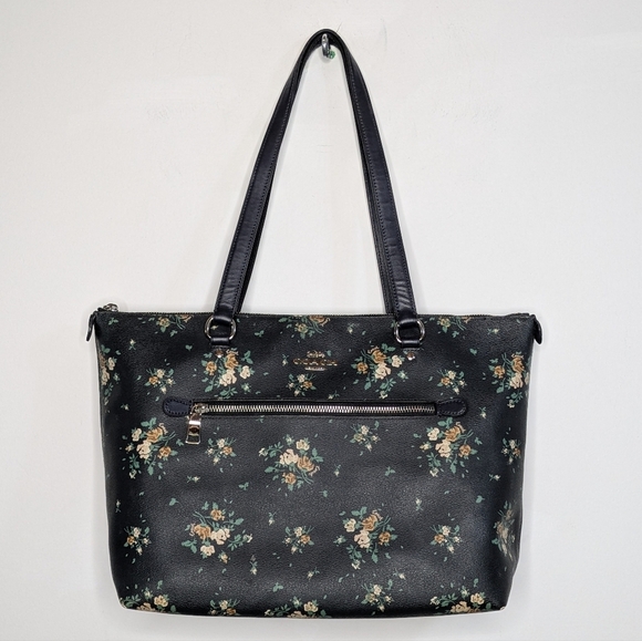 Coach Gallery Tote Black Orange Floral Bouquet Zip Closure - Picture 1 of 14